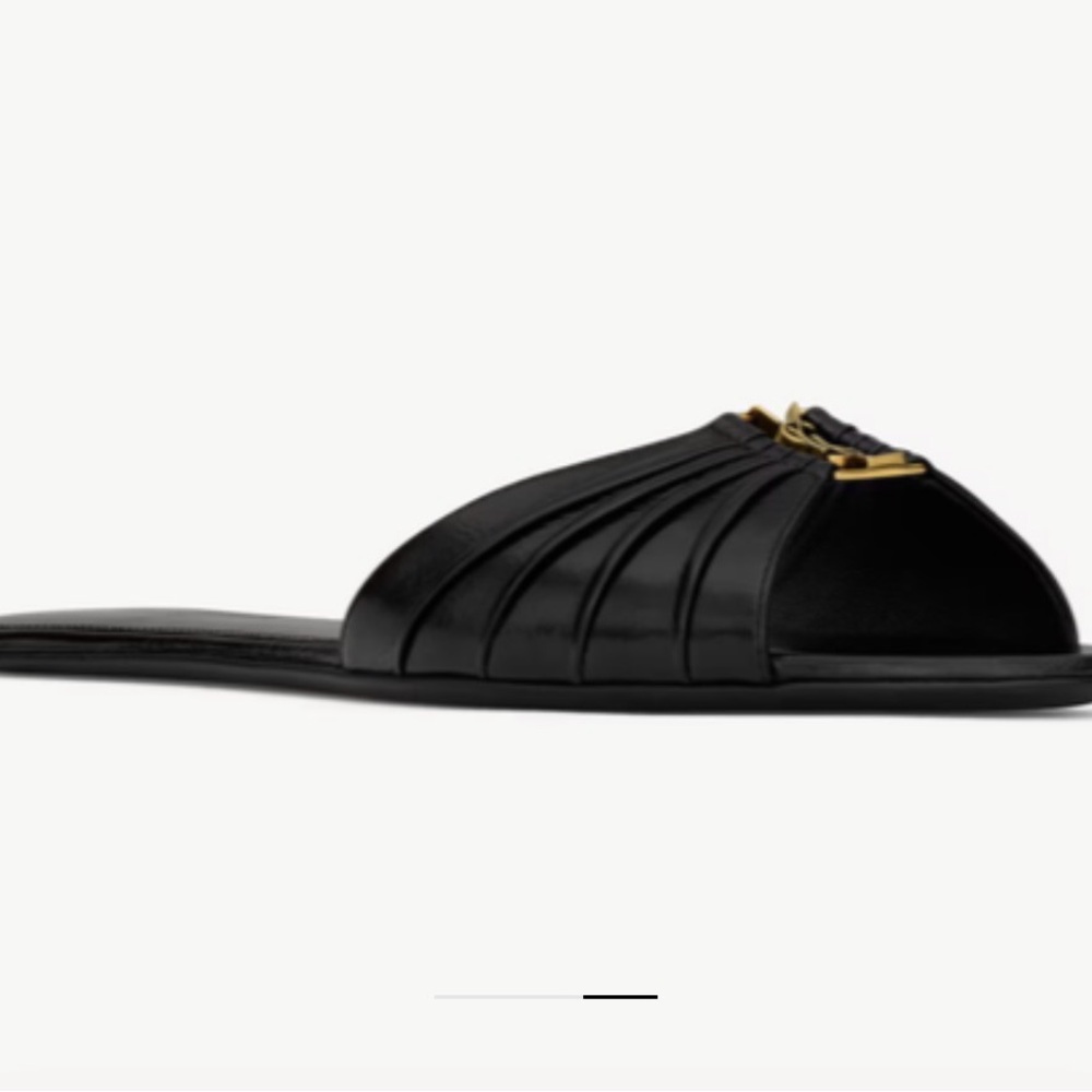Nib size 37 Saint Laurent Black Leather Slide Sandals with Gold Hardware - Picture 6 of 6